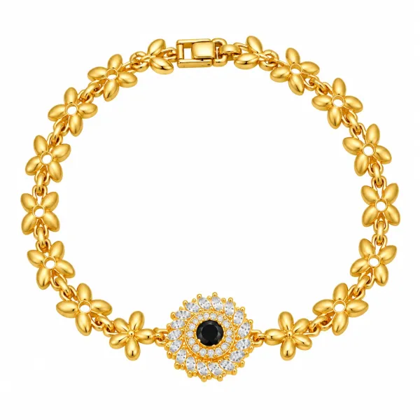 Gold Floral Link Bracelet with Black Gemstone